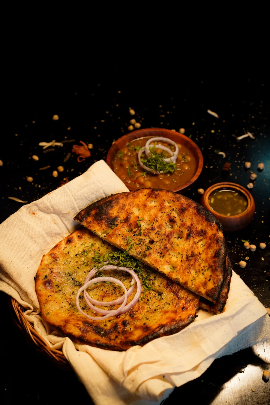 Amritsari kulcha in a cloth-lined basket